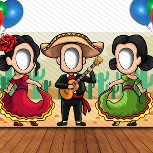 May include: A photo booth backdrop featuring a cartoon illustration of three people in traditional Mexican clothing. A man plays a guitar, and two women are dancing. The backdrop is designed for guests to put their faces in the cut-out spaces.