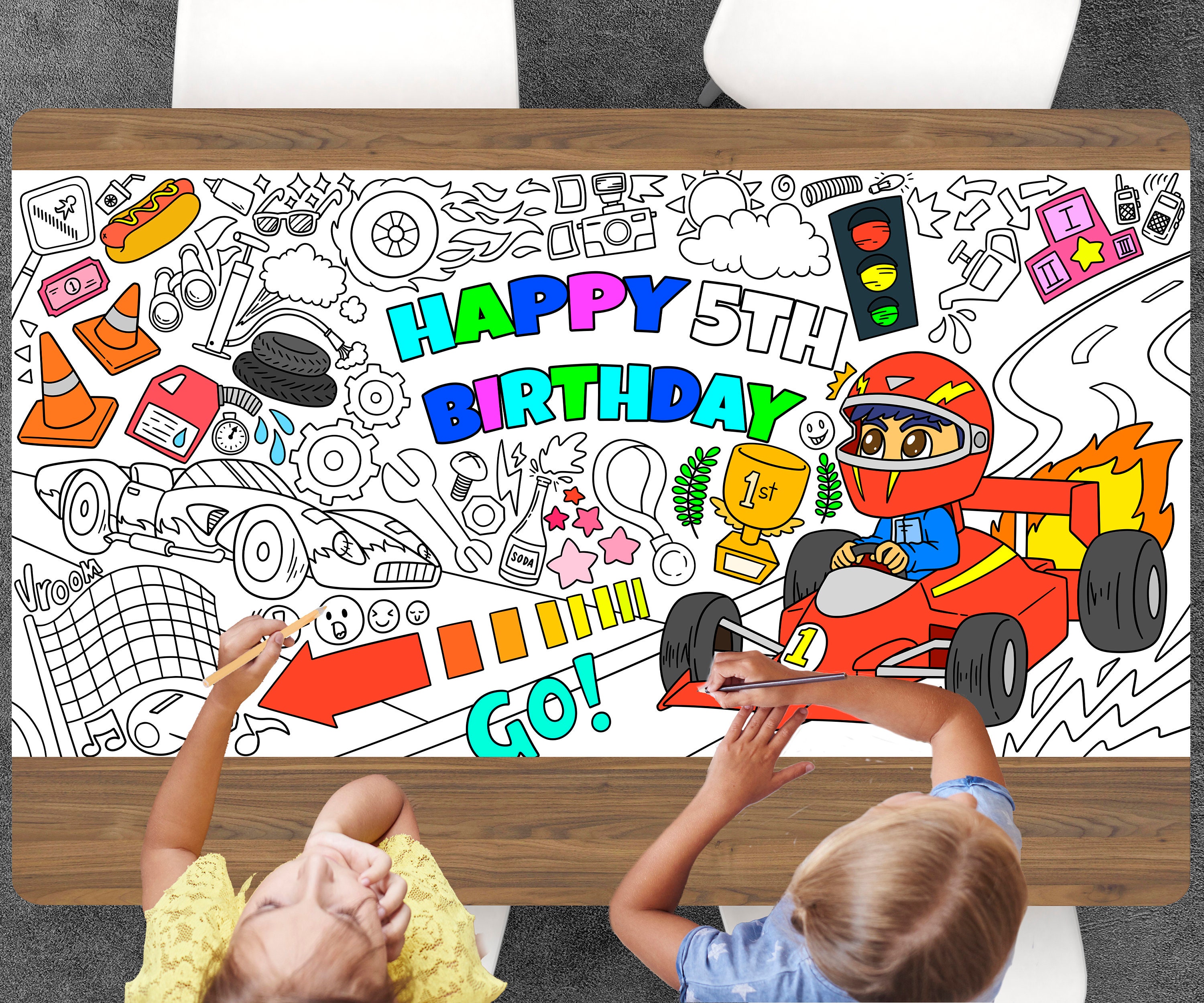 Race Car Theme Coloring Page, Personalized, Customized Birthday Coloring Sheet, Jumbo Coloring Book Pages