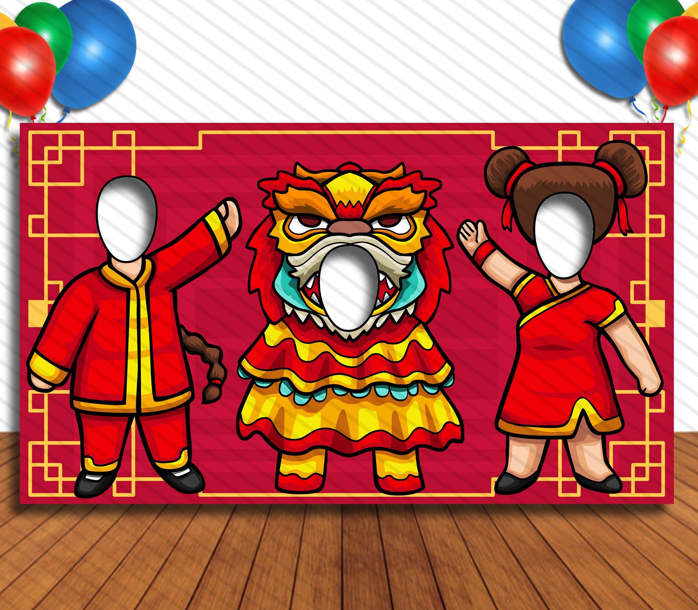 Lunar New Year, Chinese New Year Theme Decoration, 42x72" Photo Standee, Face Hole Cutout, Face in Hole, Fun Party Selfie Photo Prop