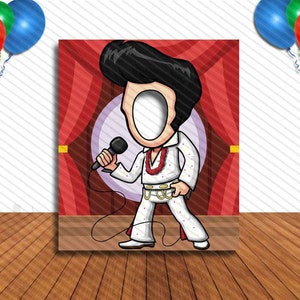 May include: A cartoon image of a person dressed as Elvis Presley, with a hole for a face, holding a microphone in front of a red curtain. The image is designed for a photo booth prop.