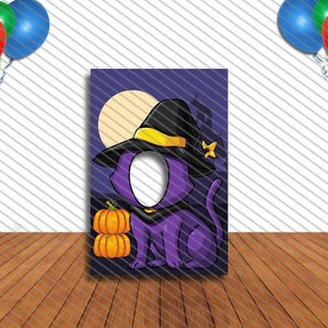 Witch Cat with Pumpkins, Halloween Party Theme, 24x36" Photo Standee, Face Hole Cutout, Face in Hole, Fun Party Selfie Photo Prop