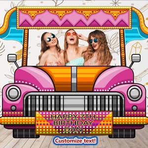 May include: A pink and orange cartoon car with a colorful banner that says "Happy 7th Birthday Dan". The car has a blue and white awning and three people are peeking out of the windows.