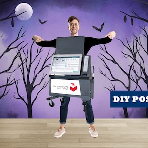 May include: A person dressed as a ghost for Halloween is holding a Dominion Voting machine. The background is a purple and black watercolor painting of trees and a moon. The text "DIY POSTER" is in the bottom right corner of the image.
