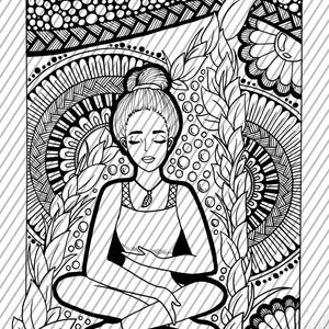 May include: Black and white line art illustration of a person meditating in a lotus position surrounded by intricate floral patterns.
