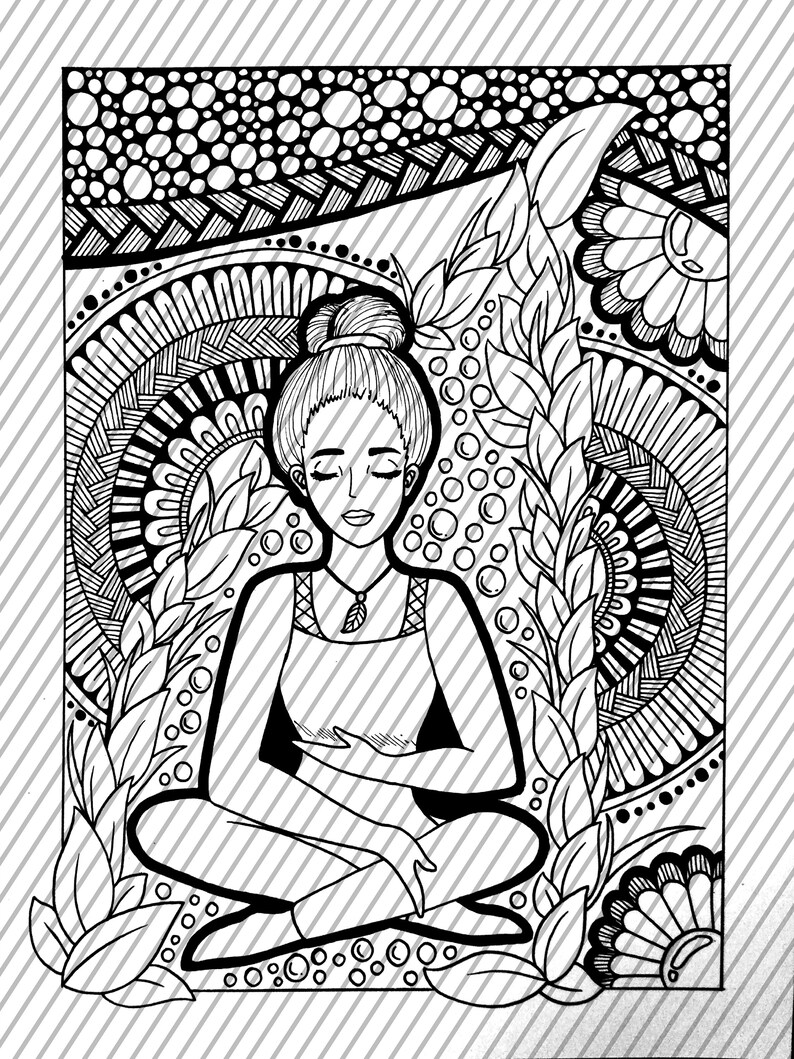 May include: Black and white line art illustration of a person meditating in a lotus position surrounded by intricate floral patterns.