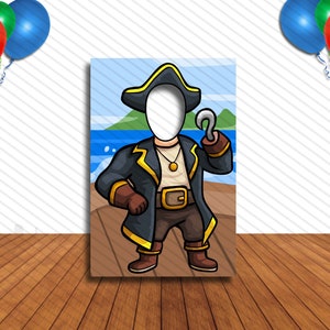 May include: A cartoon pirate-themed photo booth prop with a cutout for a face. The pirate is wearing a black coat with gold trim, a hat, and holding a hook. The background shows a sea scene with balloons in the corners.