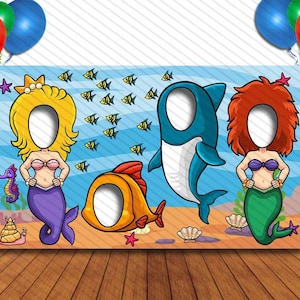 Mermaids and Sharks, Under the Ocean Theme, 42x72&quot; Photo Standee, Face Hole Cutout, Face in Hole, Fun Party Selfie Photo Prop