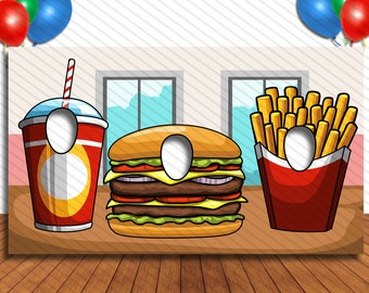 Burger and Fries Cutout, Hole in Face, Party Selfie  Photo Prop, Junk Food Theme Decoration