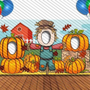 Pumpkins and Scarecrow, Fall Theme Decoration, 42x72" Photo Standee, Face Hole Cutout, Face in Hole, Fun Party Selfie Photo Prop