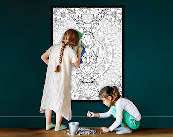 Woodland Animals Large Coloring Page: Kids & Adults Party Activity