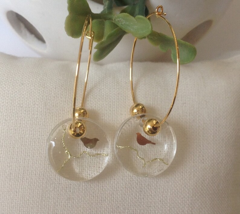 jewel nature-inspired,minimalist Creole earrings bird on a branch fine,golden boho wedding jewel gold-plated