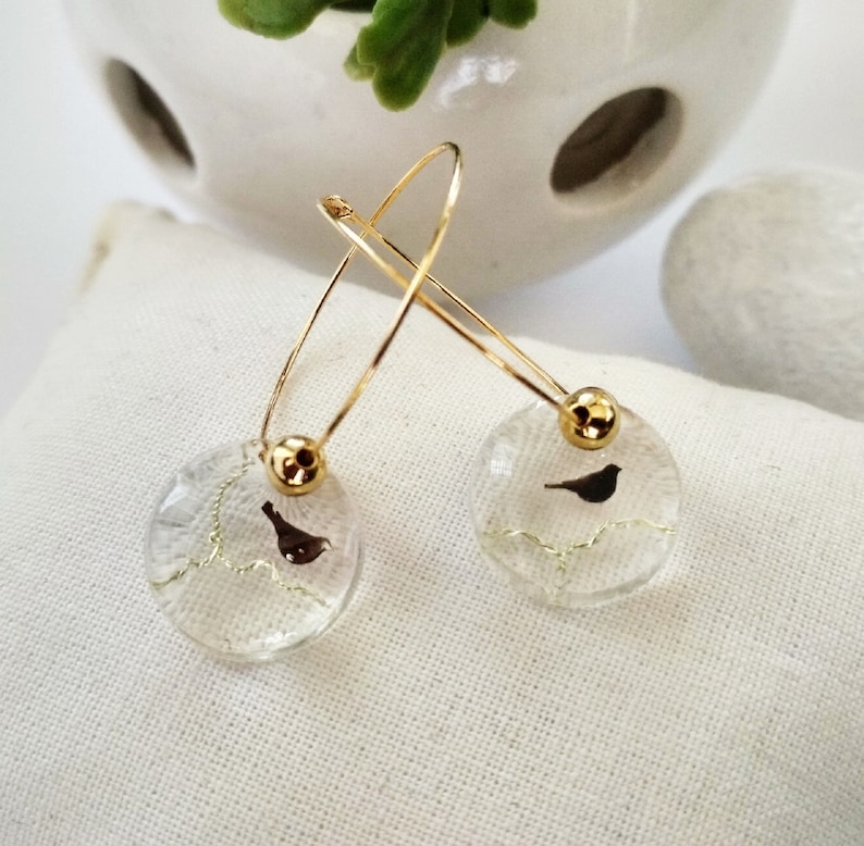 jewel nature-inspired,minimalist Creole earrings bird on a branch fine,golden boho wedding jewel gold-plated