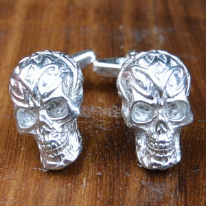 Tattooed Skull Cufflinks, Tattooed Skull Cuff Links, Handade, in Fine Pewter, By William Sturt