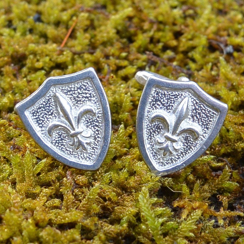 Fleur de Lys Cufflinks, Shield Shaped Fleur de Lys Cufflinks, Handmade, by William Sturt, in Fine Pewter image 3