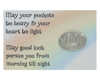 Lucky Horse Shoe Pocket Token with Irish Good Luck Poem. Hand Cast in Fine Pewter by William Sturt