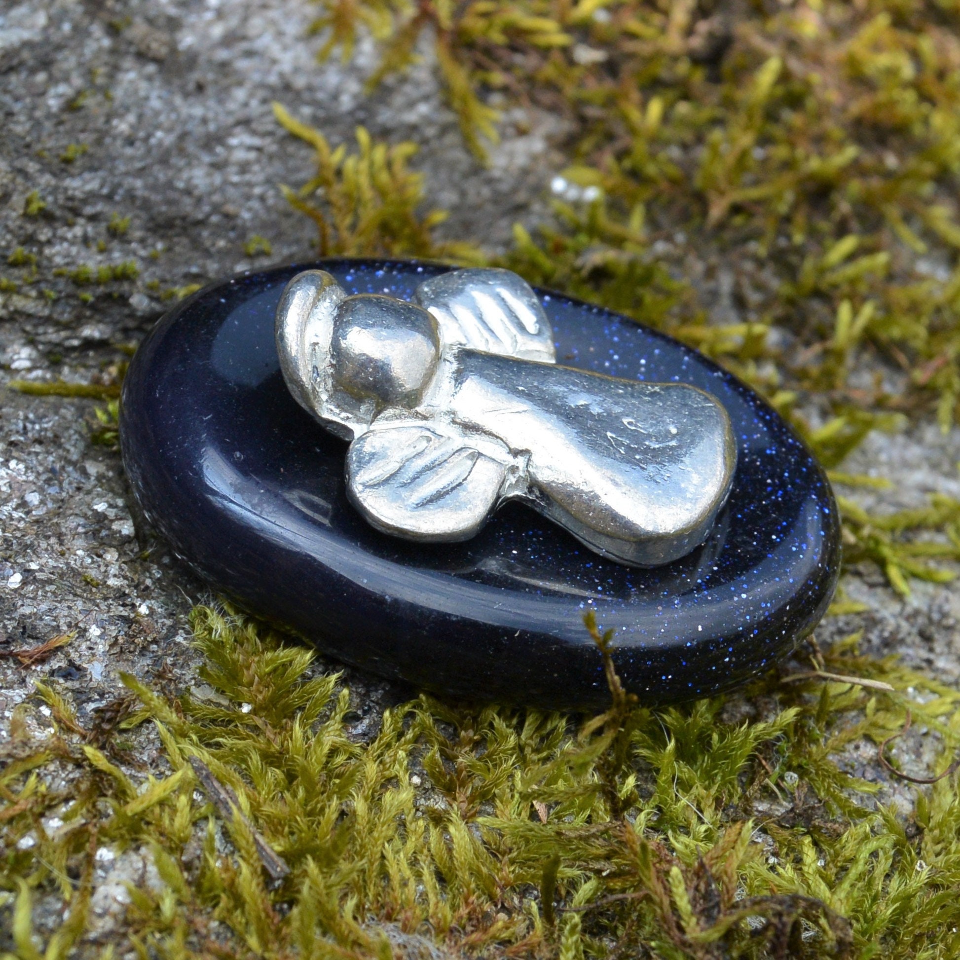 Angel & Blue Goldstone, Energy Stone, Palmstone, Angel Charm, Handcast Pewter Angel, By William Stur