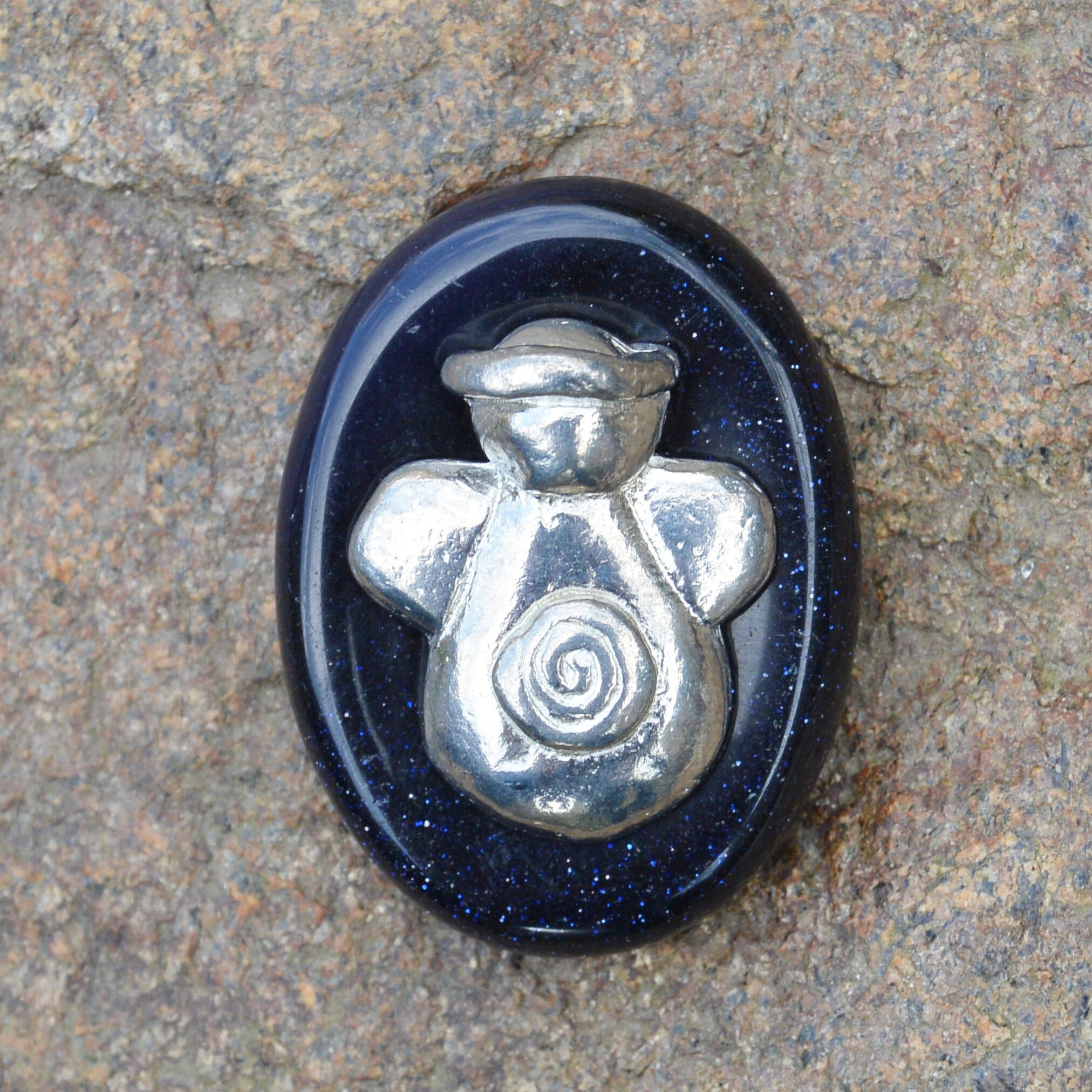 Angel & Blue Goldstone, Energy Stone, Palmstone, Angel Charm, Spiral Angel, Handcast Pewter By Willi