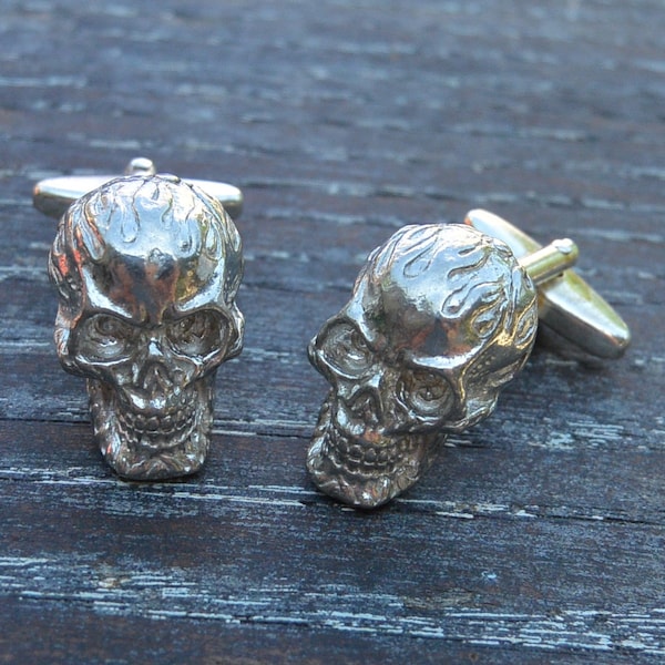 Flaming Skull Cufflinks, Flaming Skull Cuff Links, Handade, in Fine Pewter, By William Sturt