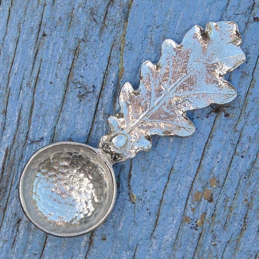 Handcast Fine Pewter Oak Leaf Sugar Spoon By William Sturt