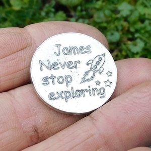Compass Pocket Token with Message Card, Personnalised Pocket Token, Never Stop Exploring, Handmade, in Finest Pewter, by William Sturt