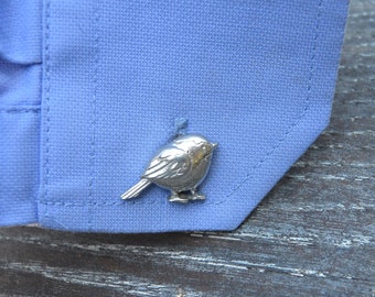 Robin, Vogelmanschettenknöpfe, handgefertigt, Zinn, von William Sturt, von Etains de Jumilhac