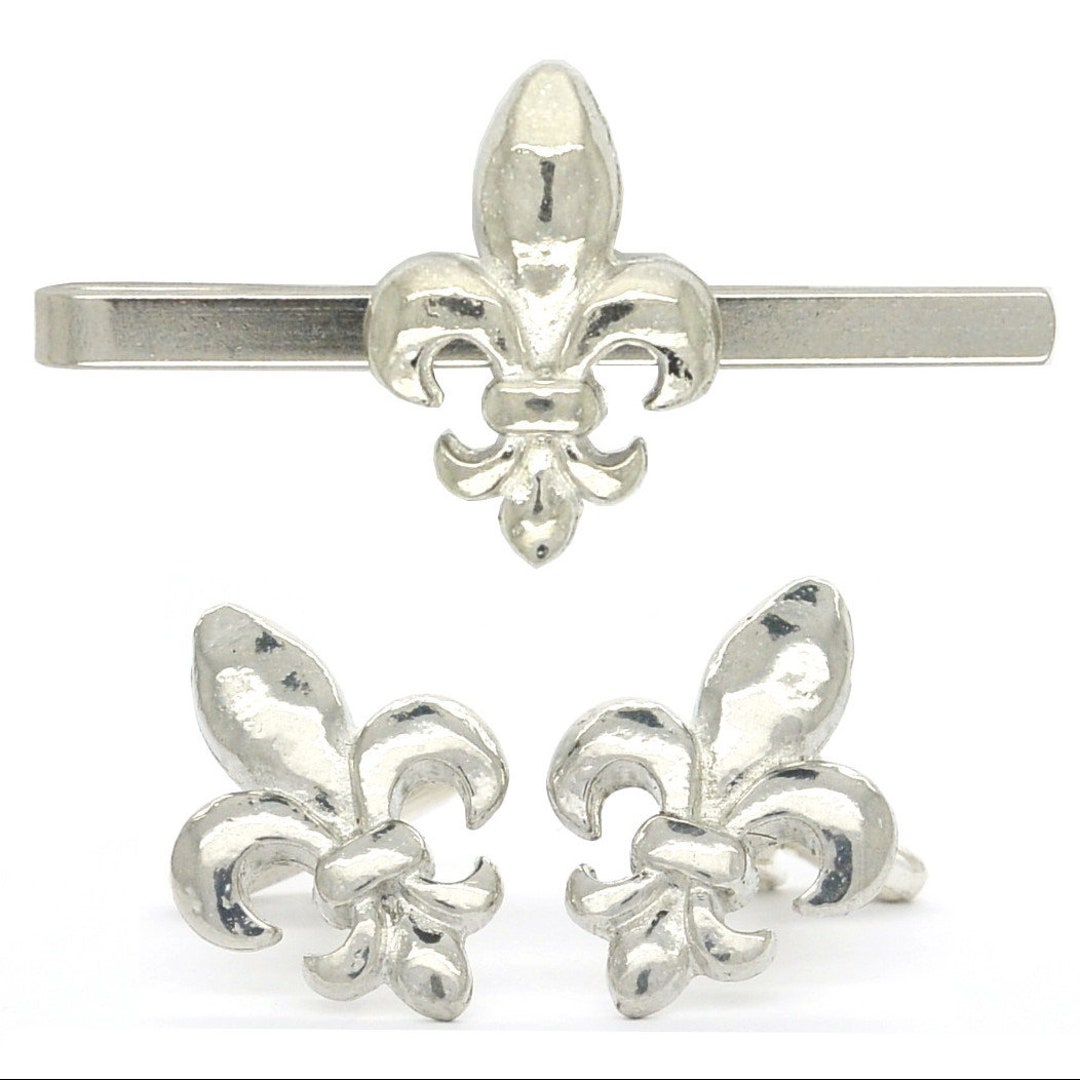 Fleur De Lys Set Of Cufflinks And Tie Clip, Handmade, In Fine Pewter