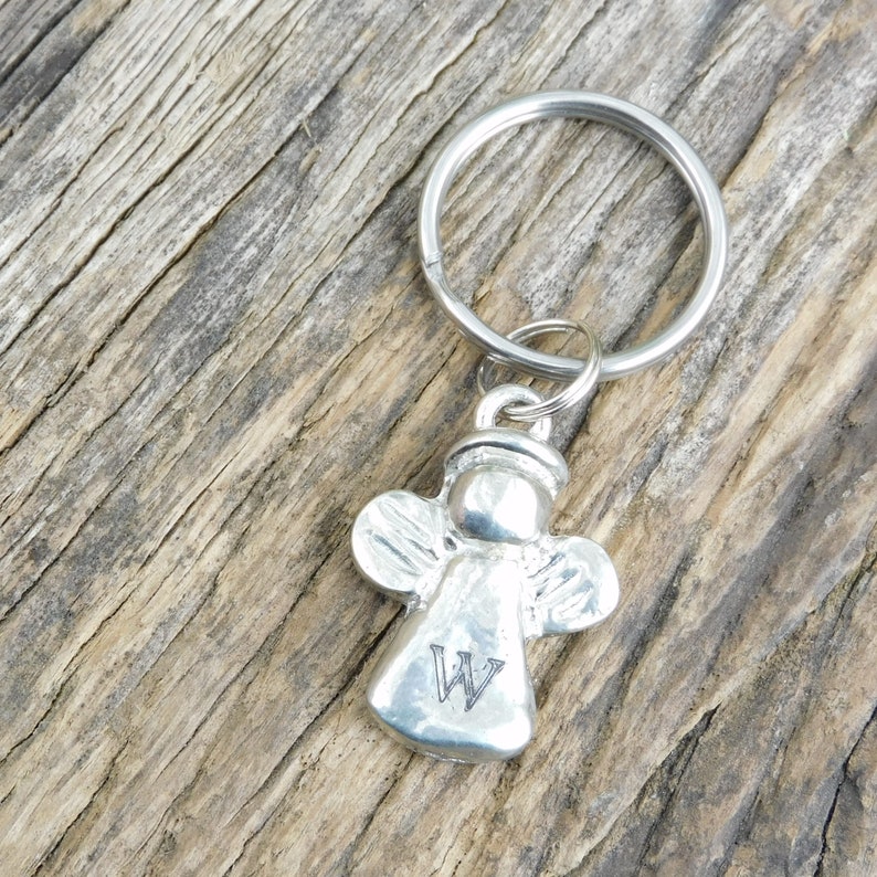 Handmade by William Sturt Bereavement Gift Initial Angel Key Fob in Fine Pewter Personalised Guardian Angel Keyring