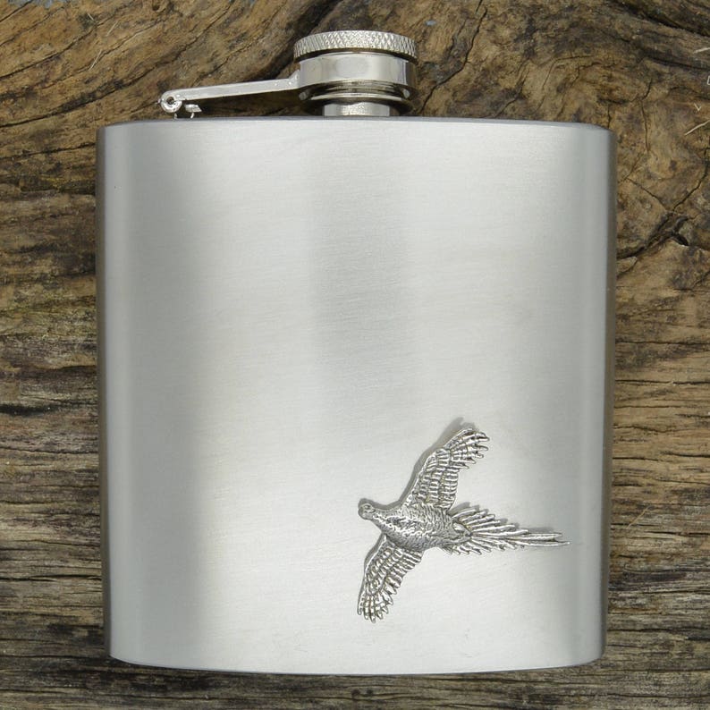 6 oz Stainless Steel Hip Flask with Fine Pewter Running Fox Badge