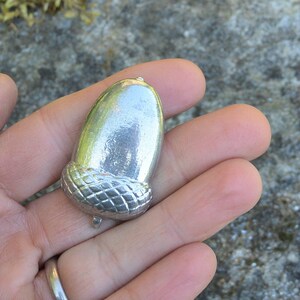 May include: A silver acorn charm with a detailed, textured cap. The charm is smooth and shiny, with a slightly rounded shape.