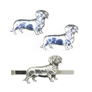 Dachshund Cufflinks & Tie Clip Set, Handcast, in English Pewter.