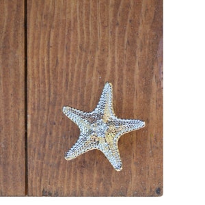 May include: A silver starfish-shaped door knob or pull on a wooden surface.