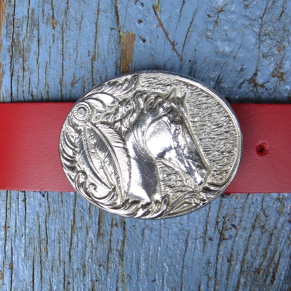 Red Leather Belt, Horse Buckle in Hand Cast Pewter, by William