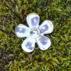 May include: A silver flower charm with five petals and a round centre. The charm is sitting on a bed of green moss.