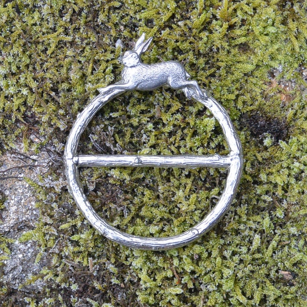 Running Hare Scarf Ring, Pewter Hare on Hand Cast Oak Twig, Handmade in Fine Pewter