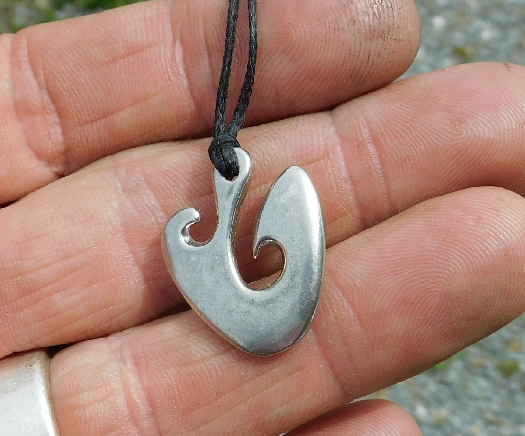 Maori Fish Hook Pendant: Handcrafted Pewter, Adjustable Cord