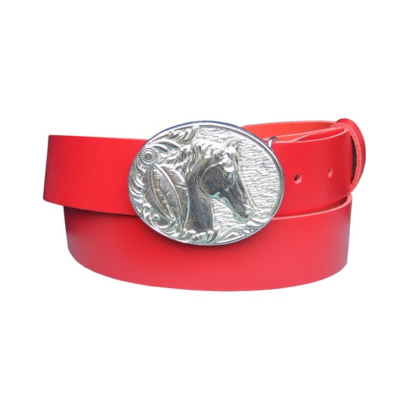 Red Leather Belt, Horse Buckle in Hand Cast Pewter, by  display picture 1