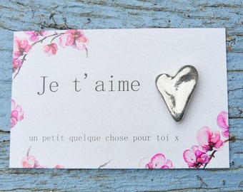 Heart Token on French Card, Je T'Aime (I Love You), Handmade, in Fine Pewter, by William Sturt