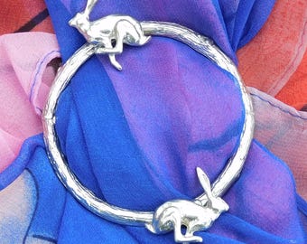 Hare Scarf Ring with Two Hares – Handmade by William Sturt from Pewter, Nature-Inspired Accessory, Unique Gift, Rustic Design