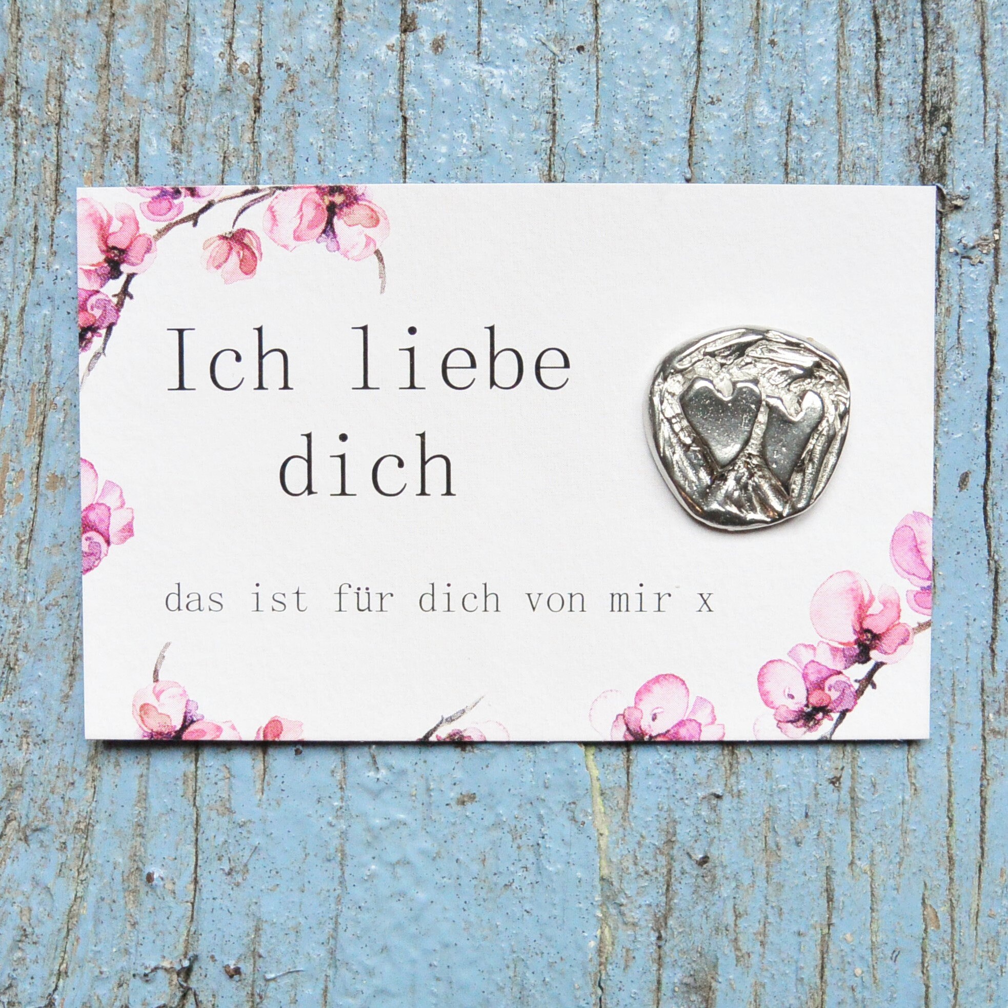 Ich Liebe Dich - German Card With Two Hearts Pewter Token By William Sturt