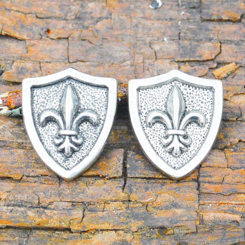 Fleur de Lys Cufflinks, Shield Shaped Fleur de Lys Cufflinks, Handmade, by William Sturt, in Fine Pewter image 1