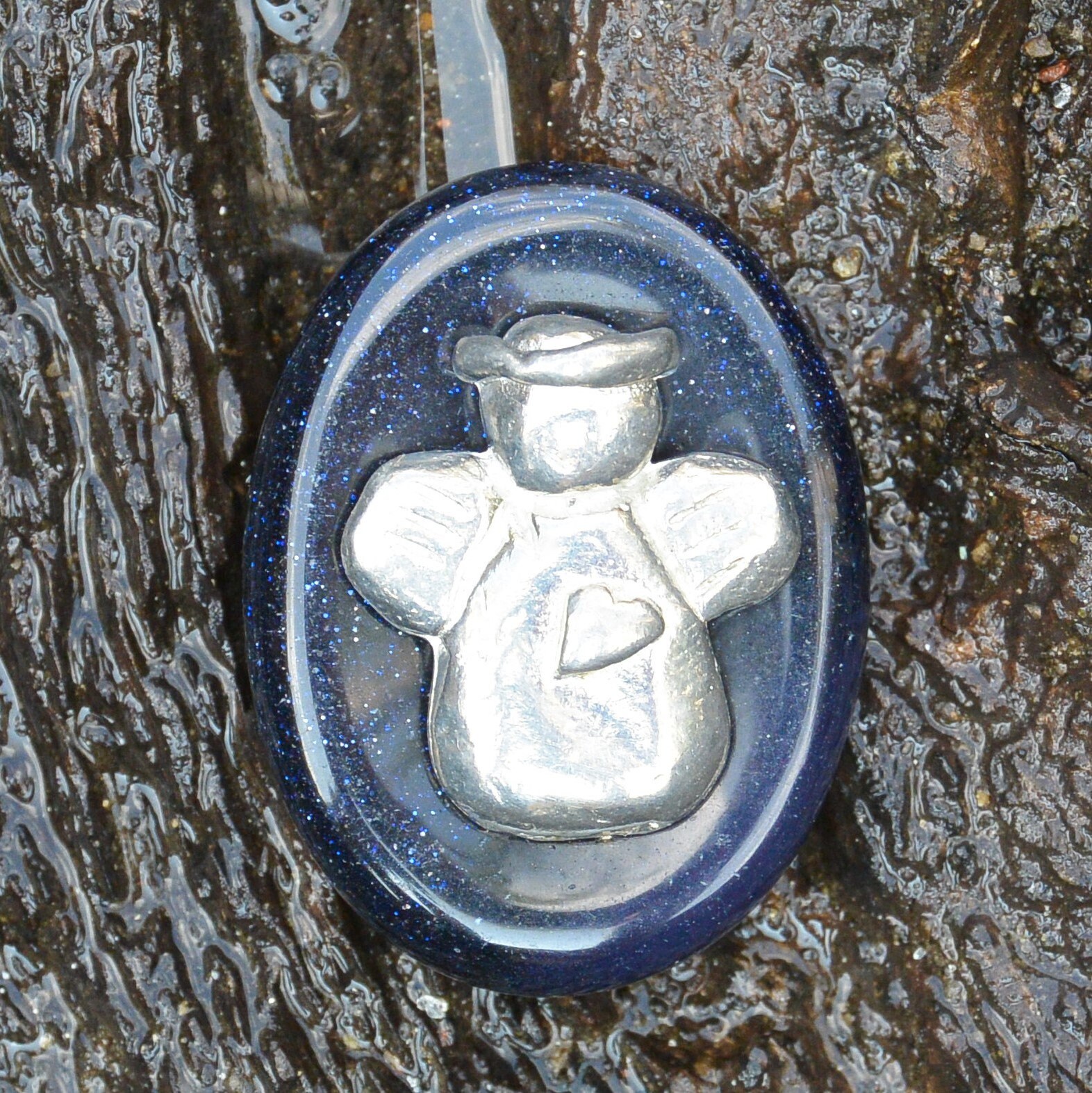 Angel & Blue Goldstone, Energy Stone, Palmstone, Angel Charm, Heart Angel, Handcast Pewter By Willia