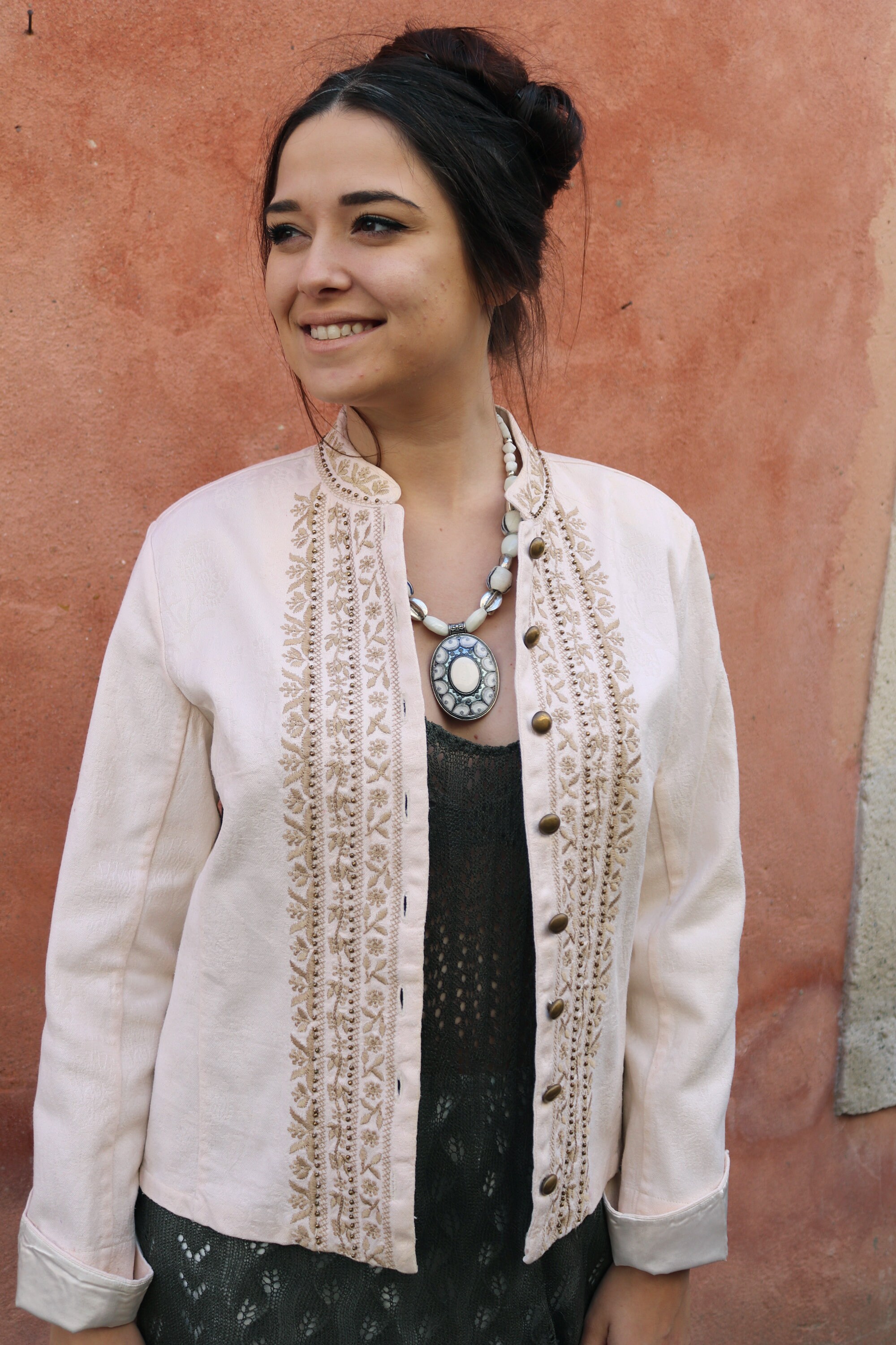 ジャケット・アウター Ethnic Embroided Design No Collar Jacket L-XL Boho Ethnic Embroidered Appliqued Blue Denim Jacket