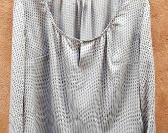 Blouse bohème, Boho-Gypsy, tissu polyester à petits pois, manches longues , large encolure avec biais, poignet fendu, 38-42, gris clair