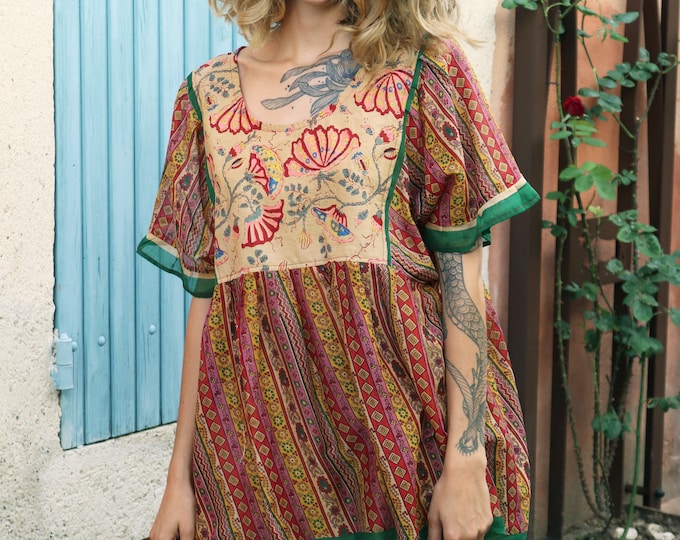 Tunique boho-chic, voile de coton indien, empiècement, encolure ronde