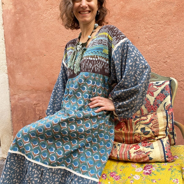 Colección Provenza Maxi-vestido babouchka mezcla algodones estampado en bloque trenza de algodón mangas largas anchas vestido étnico vestido eslavo boho folk