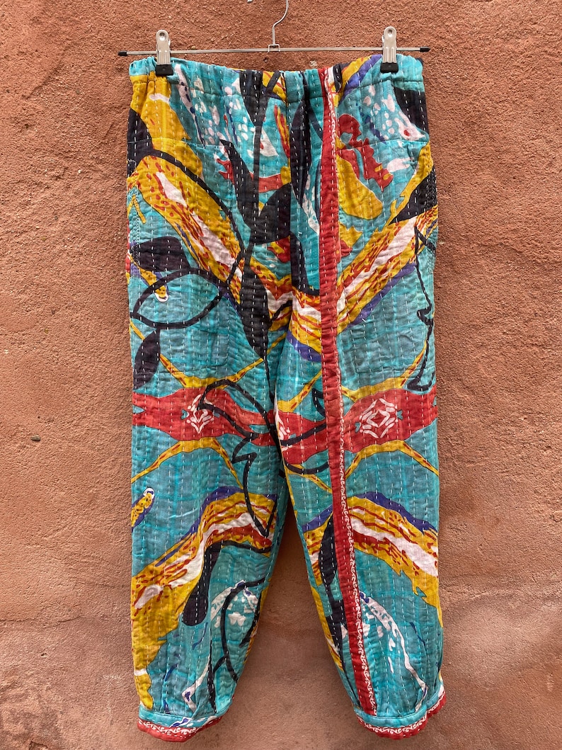 Kantha Patchwork Harembyxor, Boho Bomullsbyxor, Unisex Loungebyxor, Handgjorda Quiltade Bomullsbyxor, Festival Hippiekläder, En Storlek bild 1