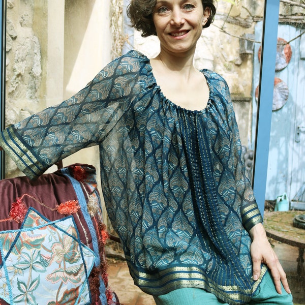 Collection Gypsy Tunique-blouse crêpon mousseline de soie manches longues raglans encolure arrondie froncée indigo-taupe 36-50 maternité