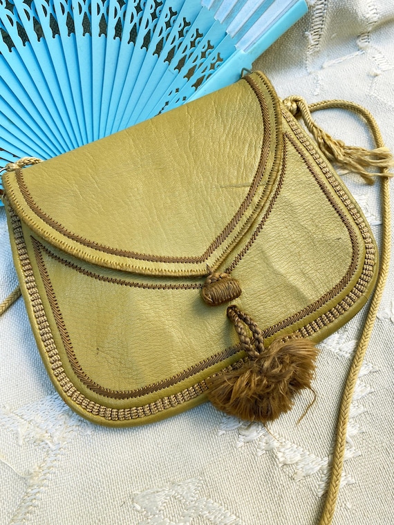 Vintage Moroccan Berber Leather Bag, Hand Embroidered Silk Cactus Shoulder Bag, Choukara Crossbody Purse, Handmade Boho Festival Bag, OOAK