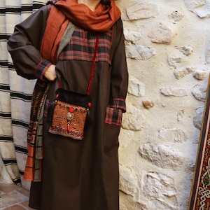 OOAK Wool Maxi Dress, Bohemian Lagenlook Dress, Plaid Patchwork, Batwing Sleeves, Artisan Winter Dress, Slow Fashion, Handmade Style