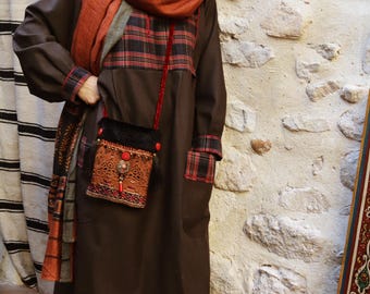 OOAK Wool Maxi Dress, Bohemian Lagenlook Dress, Plaid Patchwork, Batwing Sleeves, Artisan Winter Dress, Slow Fashion, Handmade Style